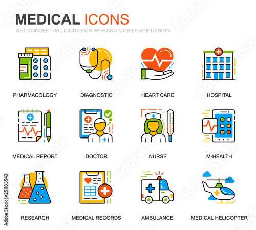 Simple Set Healthcare and Medical Line Icons for Website and Mobile Apps. Contains such Icons as Ambulance, First Aid, Research, Hospital. Conceptual color line icon. Vector pictogram pack.