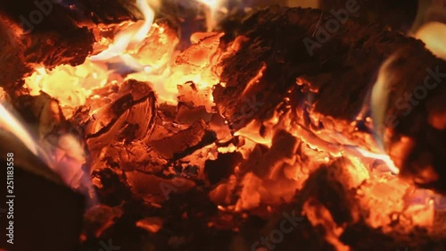 Firewoods on embers in fireplace