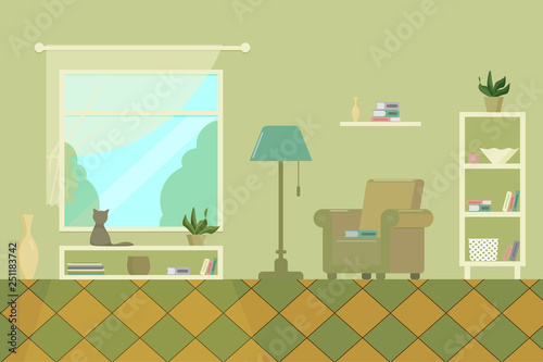 living room with armchair shelves window books lamp and cat flat vector illustration