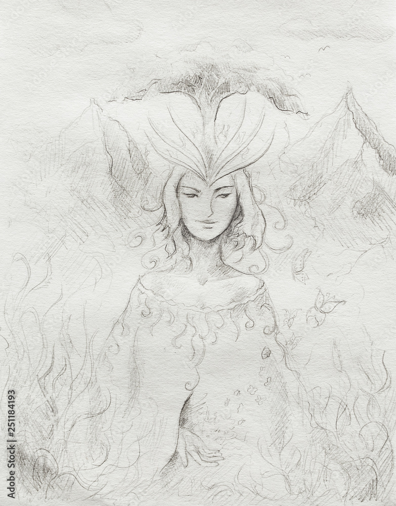 drawing of a fairy spirit with butterflies flying out of her hand in beautiful nature.