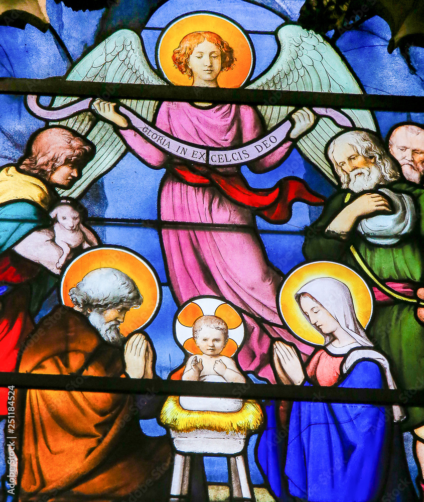 Nativity Scene at Christmas - Stained Glass in Quartier Latin, Paris, France
