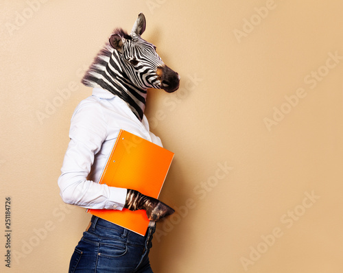 Zebra head woman office worker concept portrait