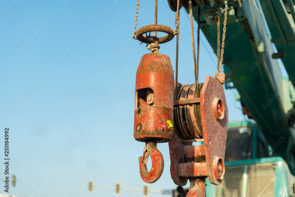 November 12, 2018 - Abu Dhabi, UAE: Detail of monile crane lifting hooks November 12, 2018 - Abu Dhabi, UAE: Detail of monile crane lifting hooks