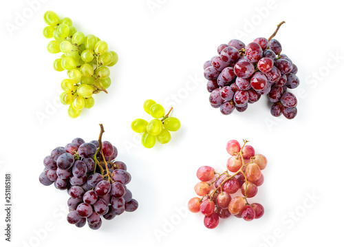 Layout with various fresh grapes isolated on white background