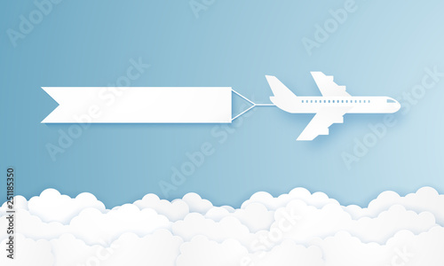 Flying airplane pulling advertising banner , paper art style