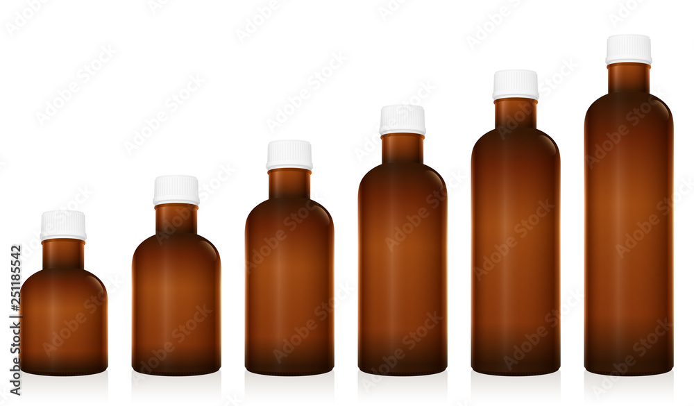 Medicine phials. Set of different pharmaceutical bottles. Unlabeled vials for pills, tablets, capsules, globuli. Brown glass, unlabeled and closed white plastic screw cap. Isolated vector on white.