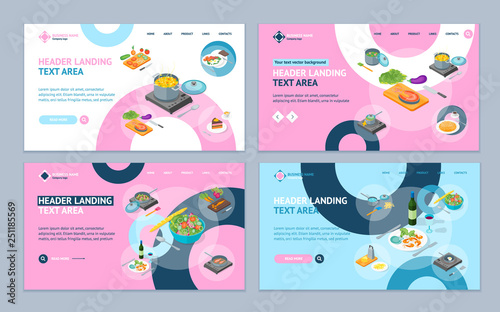 Cooking or Preparation Food Landing Web Page Template Set Isometric View. Vector