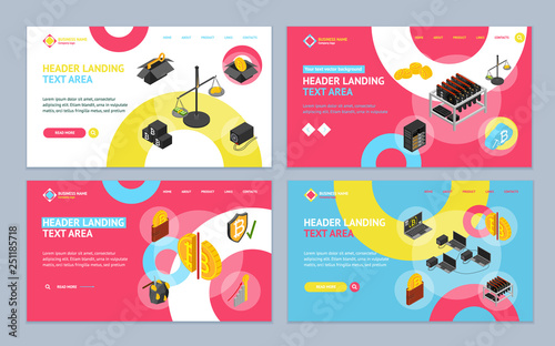 Cryptocurrency Mining Blockchain 3d Landing Web Page Template Set Isometric View. Vector