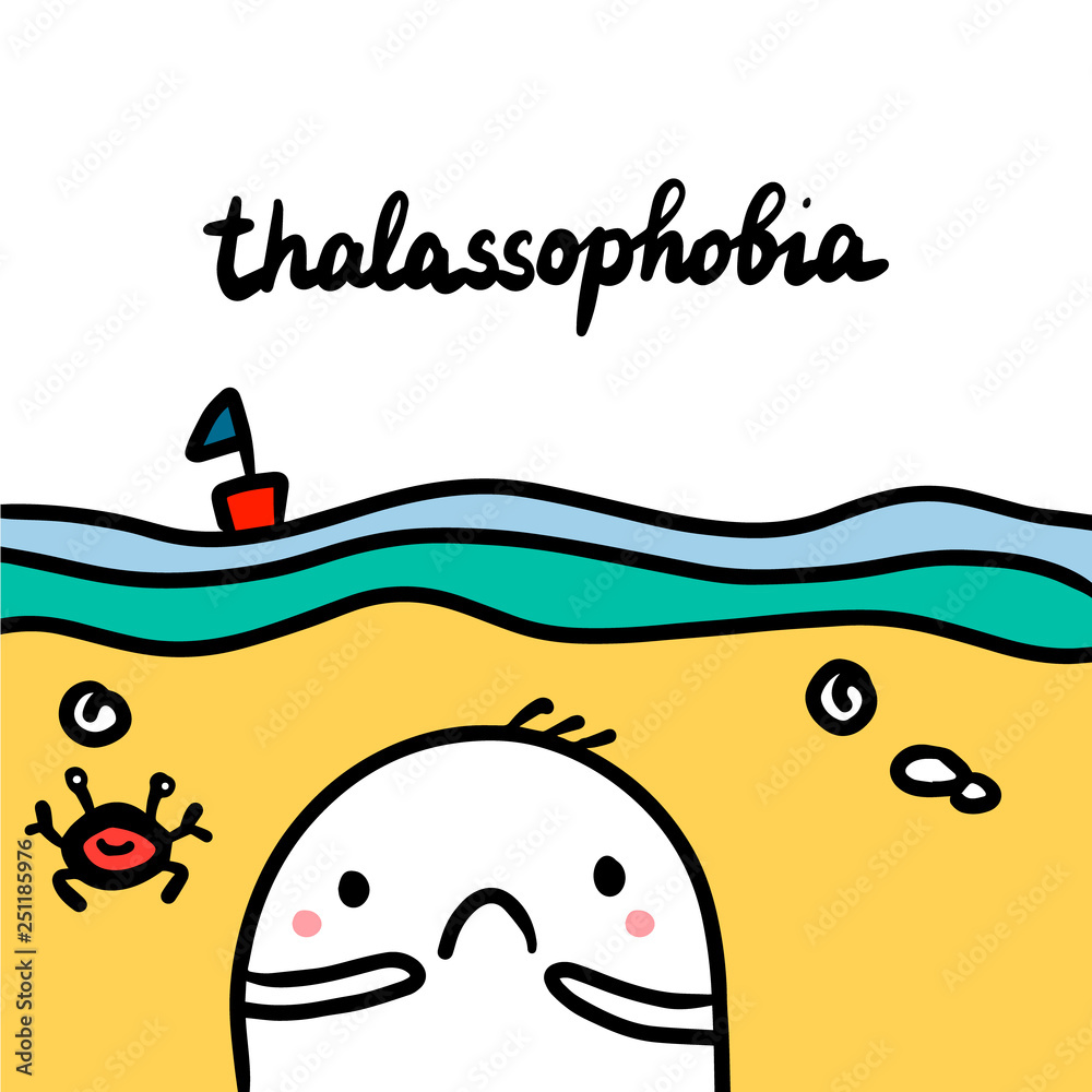 Thalassophobia hand drawn illustration with cute marshmallow on the beach Thalassophobia hand drawn illustration with cute marshmallow on the beach