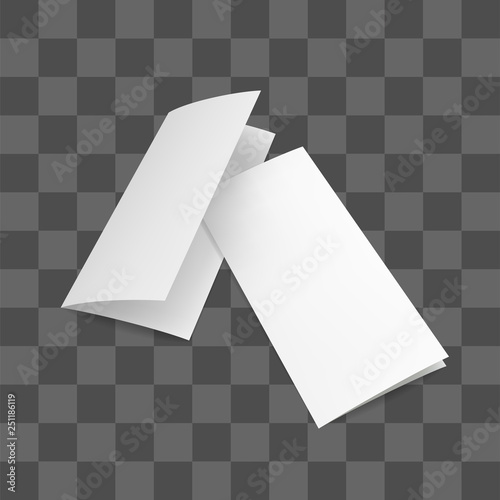 Blank bi fold paper brochure mockup. Flyer design template on transparent background. Vector illustration set.