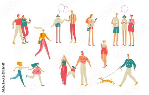 Group of people in the summer. Man, women, boys, girls, family with child, walk, drink coffee, eat ice cream, walk a dog, talking. Family, friendship, friends. Isolated characters on white background