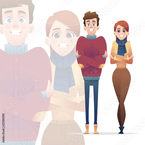 The boy and the girl were cold. Teenagers do not know how to warm up. The concept of the cold season.