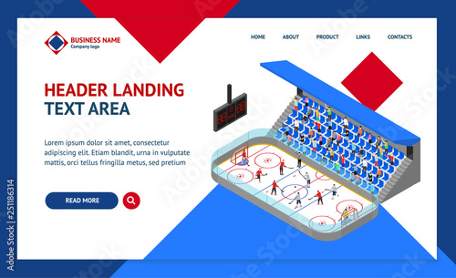 Ice Hockey Arena Competition Concept Landing Web Page Template 3d Isometric View. Vector
