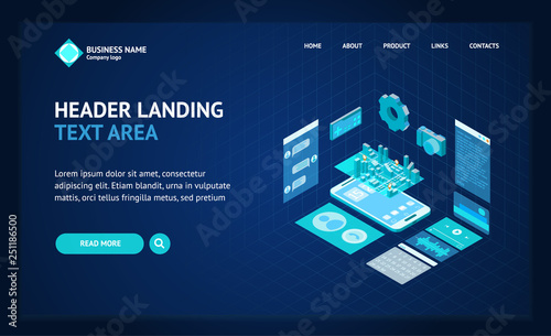 Mobile Phone Concept Landing Web Page Template 3d Isometric View. Vector