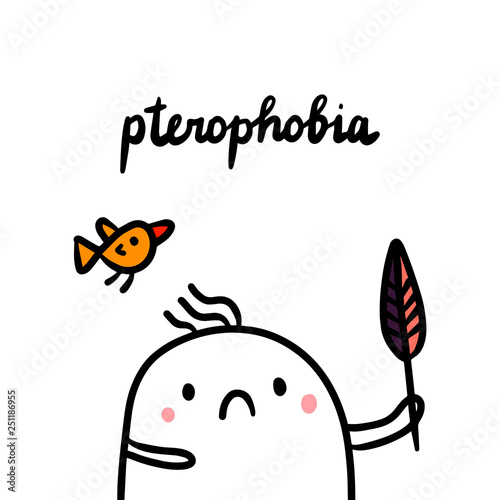 Pterophobia hand drawn illustration with cute marshmallow and feather