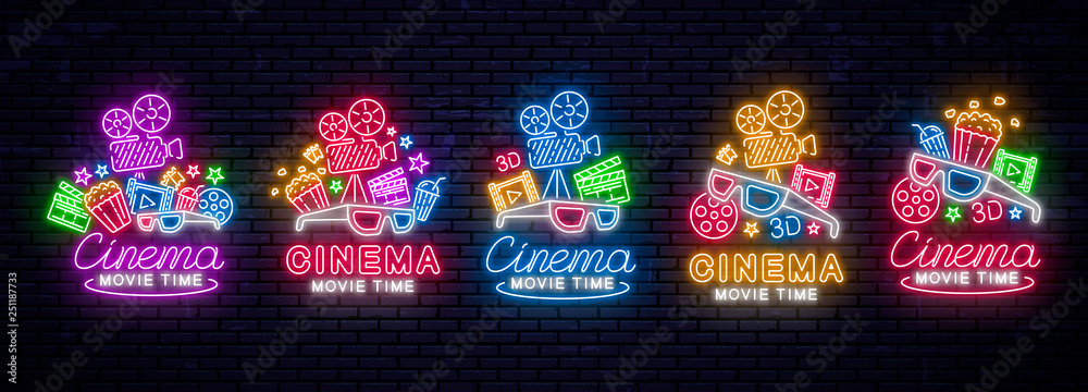 Set of bright neon signs for the cinema. Vector illustration