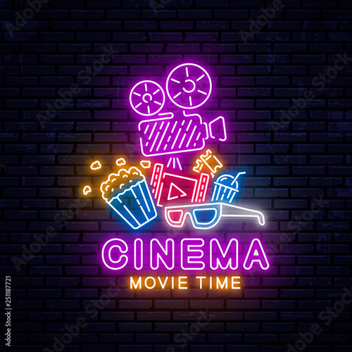 Bright neon sign for the cinema. Vector Illustration