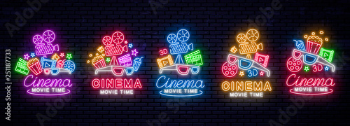 Set of bright neon signs for the cinema. Vector illustration