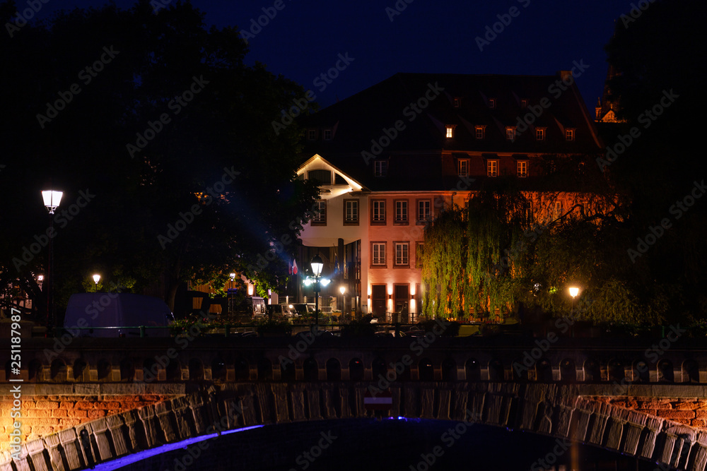 Grande Ile island embankment at night, Strasbourg