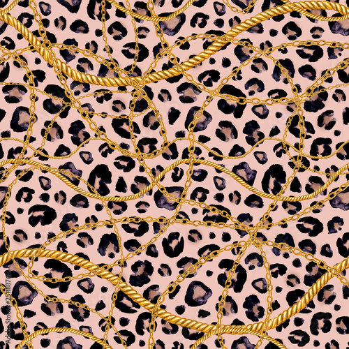Golden chain glamour leopard fur seamless pattern illustration. Watercolor texture with golden chains.