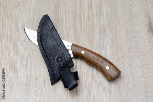 on a light background are a hunting knife and black leather sheath