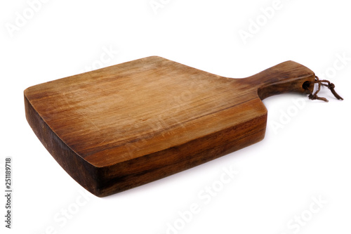 Old wooden cutting board on a white background.