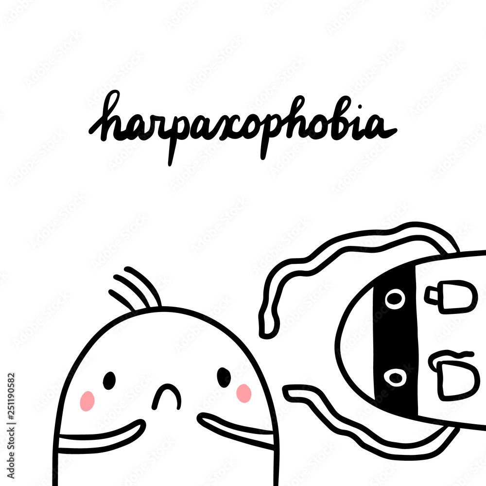 Harpaxophobia hand drawn illustration with cute marshmallow and thief