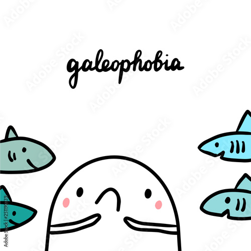 Galeophobia hand drawn illustration with cute marshmallow and sharkes