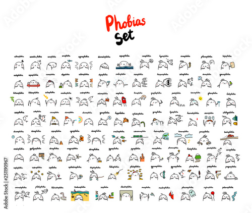 Set of different common human phobias hand drawn illustrations with cute marshmallow