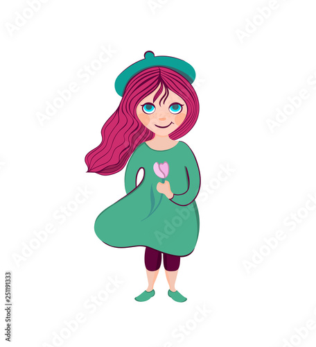 Vector avatar silhouette sticker. Spring girl with tulip in hand.
