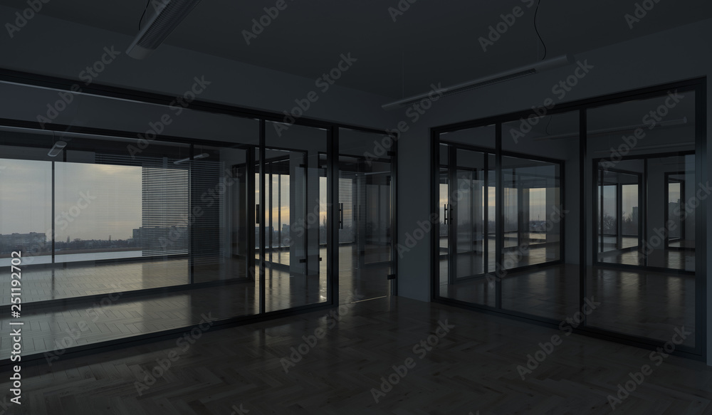 Offices with a View in Dim Natural Light 3D Rendering