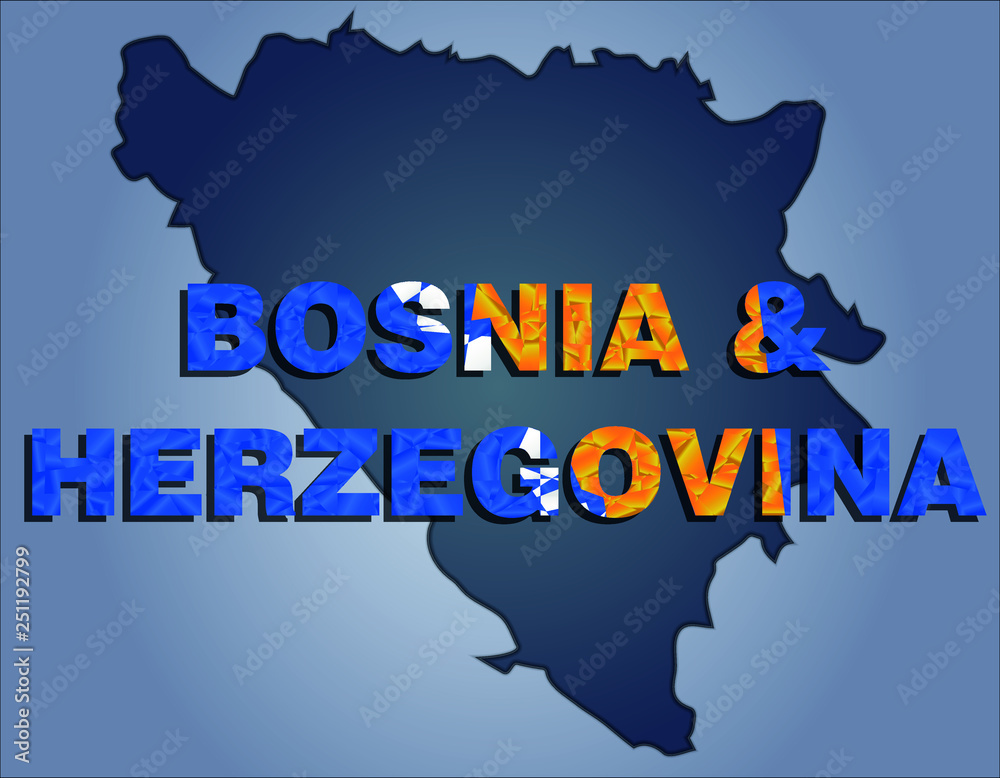 The contours of territory of Bosnia and Herzegovina and Bosnia and Herzegovina word in the colors of the national flag