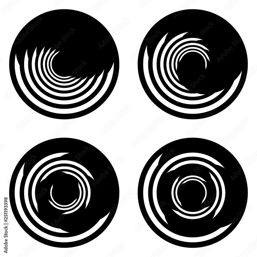Set of design monochrome spiral movement illusion icons Set of design monochrome spiral movement illusion icons