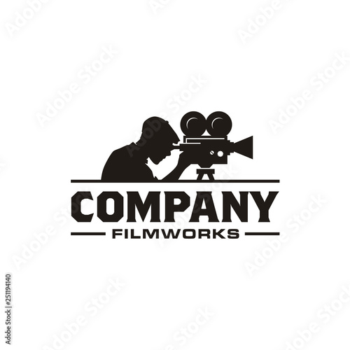 Vintage Video Camera Film, Casual Cameraman Silhouette for movie cinema studio production Logo design