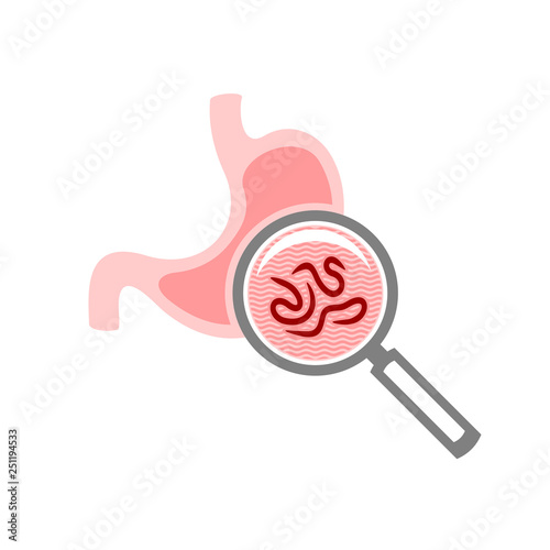 Test for stomach parasites symbol. Magnify glass.
