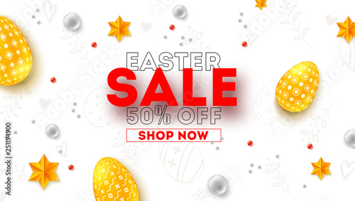 Easter sale. Ad poster with special holiday offer. Discount 50 percent off. Easter eggs, golden stars and pearls. Abstract pattern, top view. Vector illustration for festive discount actions