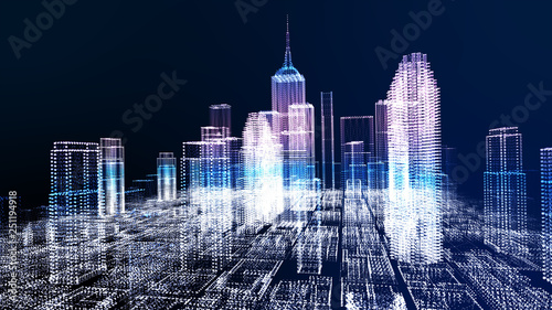 Energy power of future big city concept, neon cyber light skyscraper building of business area architecture simulation technology digital fly over view, blue theme