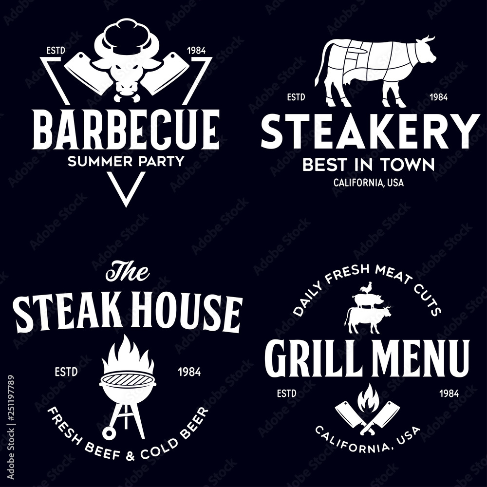 Obraz premium Steak House, barbecue, bbq party, restaurant logo templates. Collection elements for grill menu design.