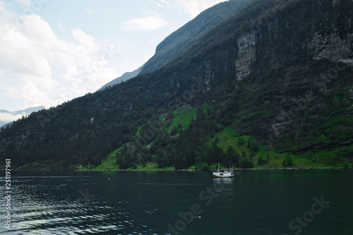 Ferry ride through Geiranger Fjord in Norway. A ship is passing by. © Markus