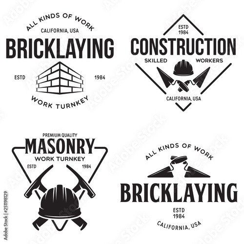 Set of vintage construction and bricklaying labels. Posters, stamps, banners and design elements. Vector illustration