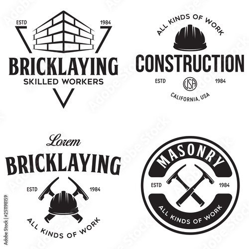 Set of vintage construction and bricklaying labels. Posters, stamps, banners and design elements. Vector illustration