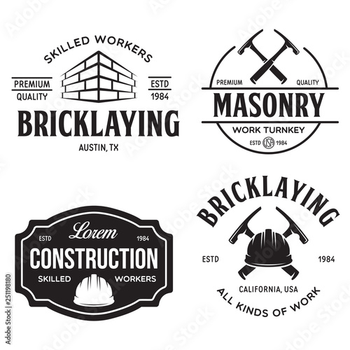 Set of vintage construction and bricklaying labels. Posters, stamps, banners and design elements. Vector illustration