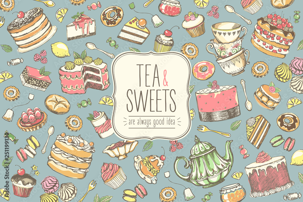 Big vintage collection of hand-drawn tea and kb bakery. Freehand drawing, sketch