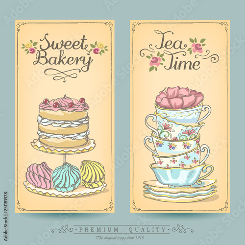 Card collection of hand-drawn cakes. Vintage posters of bakery sweet shop. Freehand drawing  sketch