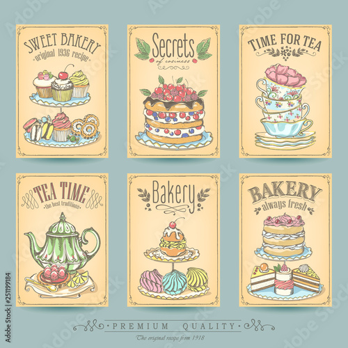 Card collection of hand-drawn cakes. Vintage posters of bakery sweet shop. Freehand drawing, sketch