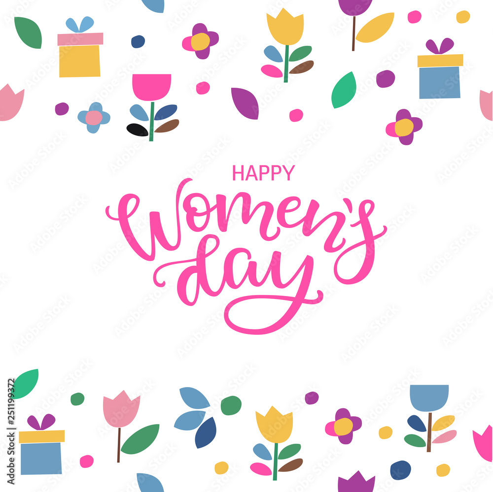 Postcard to March 8, International Women's Day with hand lettering. Vector illustration with modern calligraphy. Women s Day text design with flowers and gift. Postcard to March 8, International Women's Day with hand lettering. Vector illustration with modern calligraphy. Women s Day text design with flowers and gift.