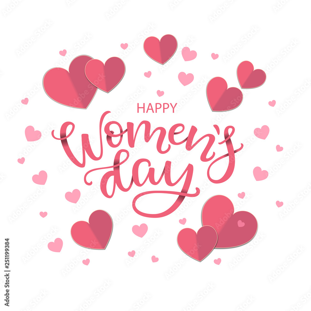 March 8 greeting card, International Women's Day text design with paper hearts. Vector illustration with calligraphic hand written phrase. Template for a poster, cards, banner. March 8 greeting card, International Women's Day text design with paper hearts. Vector illustration with calligraphic hand written phrase. Template for a poster, cards, banner.