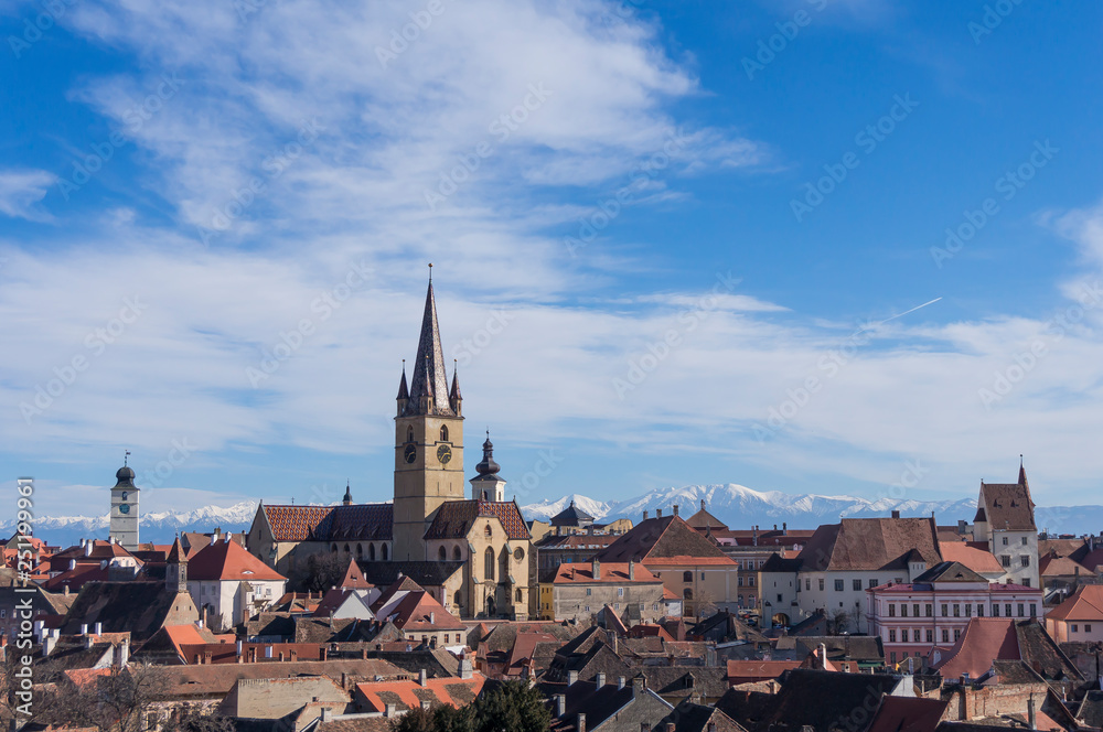 Aerial view over Evangelical Cathedral Saint Mary in Sibiu, Transylvania, Romania