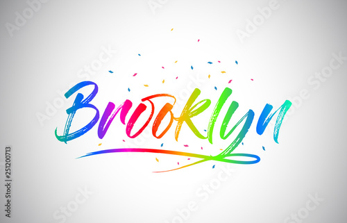 Brooklyn Creative Vetor Word Text with Handwritten Rainbow Vibrant Colors and Confetti.