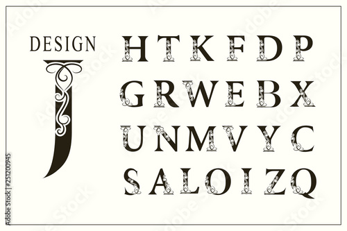 Set of Elegant Capital Letters. Vintage Logos. Filigree Monograms. Beautiful Collection. English Alphabet. Simple Drawn Emblems. Graceful Style. Design of Calligraphic Insignia. Vector Illustration